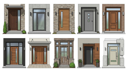Obraz premium Architecture CAD 3D Vector Set of Modern Home Entrance Doorway Design, Rare Elevation Views on White Background