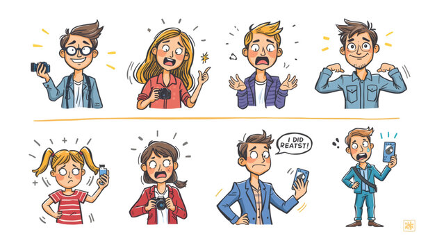 Emotion Expressions: A collection of diverse individuals, each portrayed with exaggerated expressions of surprise, fear, or disbelief.