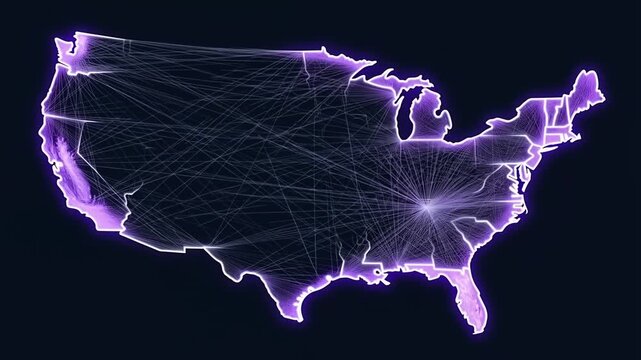 A dynamic digital map of the USA glows in purple, illustrating a complex web of pulsating network connections and data pathways across the nation on a dark background.