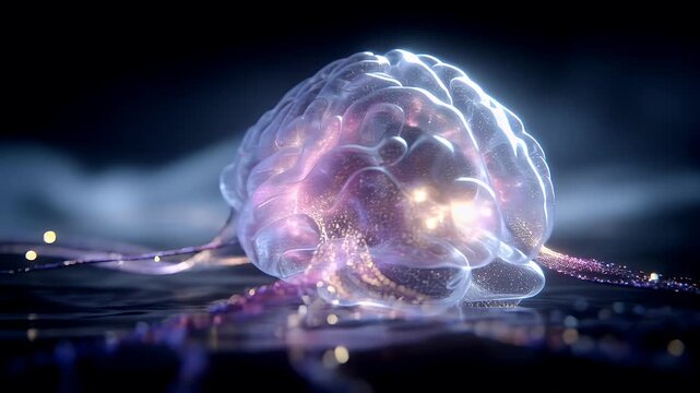 Artificial intelligence. Neuron network. A digital artwork depicts a translucent, translucent brain against a dark, blurred background. The brain is illuminated with a gradient of colors.