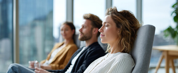 Fototapeta premium Three diverse business professionals sitting in a modern with large , relaxing and meditating during a break from work
