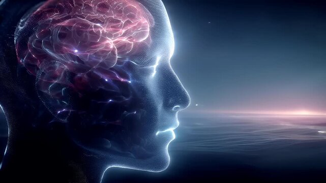 Artificial intelligence. Neuron network. A digital artwork depicts a human head and brain, rendered in a side profile view. The brain is intricately detailed with glowing pink and blue lines and dots.