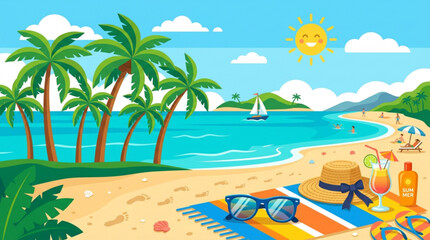 Fototapeta premium Relaxing beach scene with palm trees sun lounger sunglasses and tropical cocktails under bright sunny skies