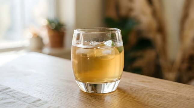 Iced Apple Cider or Ginger Ale with Fresh Lime Slice in a Glass on a Wooden Table, Refreshing Cold Summer Drink with Ice Cubes, Bright Natural Morning Light Indoor Background