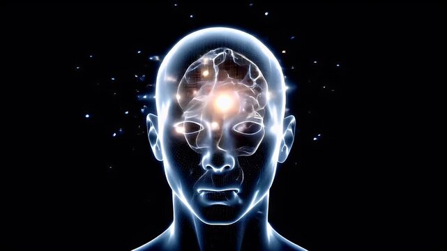 Artificial intelligence. Neuron network. A detailed digital artwork depicts a human head and brain. The brain is intricately designed with a complex network of interconnected lines and dots.