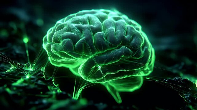 Artificial intelligence. Neuron network. A vivid, highresolution digital artwork depicts a detailed brain rendered in a neon green hue. The brain is the central focus.