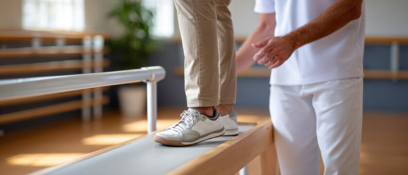 Close-up of person balancing on parallel bars with physical therapist assisting in rehabilitation center