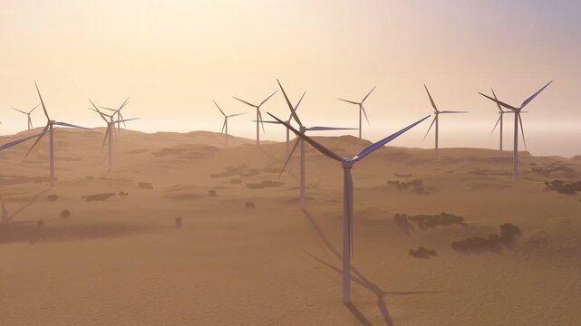 Wind turbines at sunset. 3D render. Wind Turbines Against a Colorful Sunset Sky. Landscape with renewable and sustainable energy with wind turbines. Wind turbines in a row against a captivating sunset