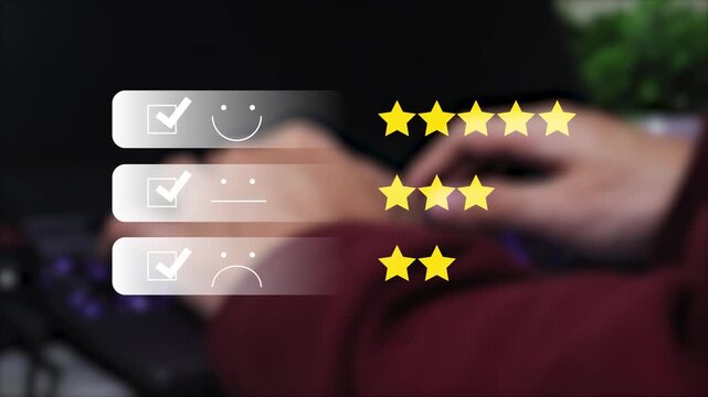 selecting five star rating on virtual interface, customer satisfaction feedback concept on abstract wave technology background for service quality evaluation, user experience review.