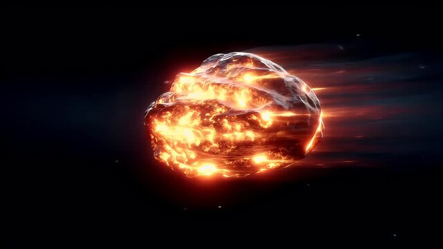 Space universe exploration, fantasy, mysterious. A vivid depiction of a fiery, fiery object, likely a meteor or meteorite, in space. The object is engulfed in flames.