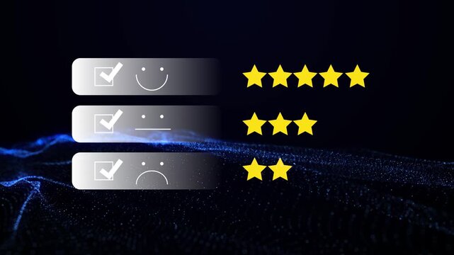selecting five star rating on virtual interface, customer satisfaction feedback concept on abstract wave technology background for service quality evaluation, user experience review.