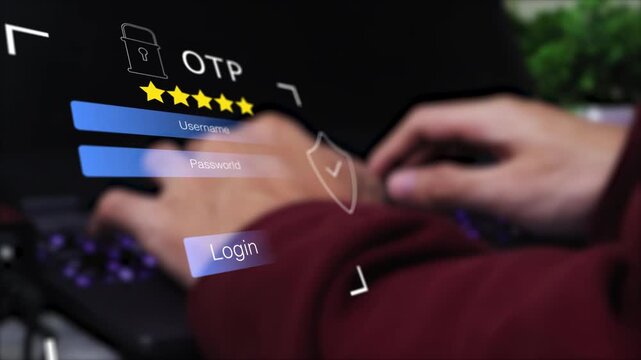 user accessing secure login system with OTP verification and two factor authentication on abstract wave technology background for online cybersecurity protection.