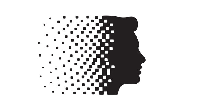 Black Silhouette Of A Womans Face With Pixelated Dots Emerging From The Side For Technology And Data Visualization Concepts