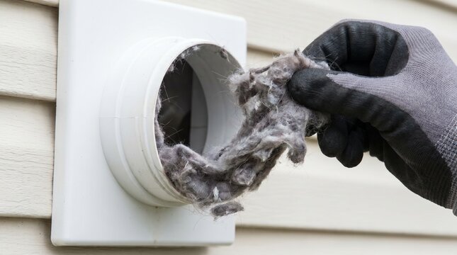 Person removing lint from dryer vent with focus on cleaning process and home maintenance