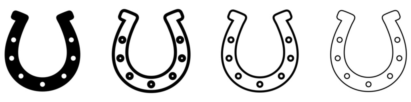 Set of horseshoe icons in silhouette and line styles with different line weights. Traditional symbols of luck, success, and protection. Vector illustration.