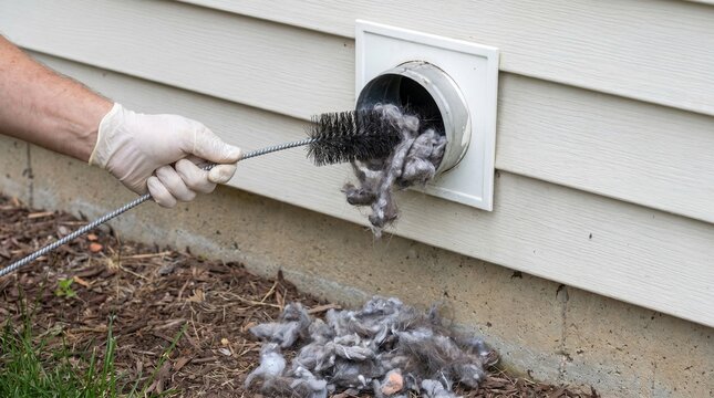 Person removing lint from dryer vent with focus on cleaning process and home maintenance