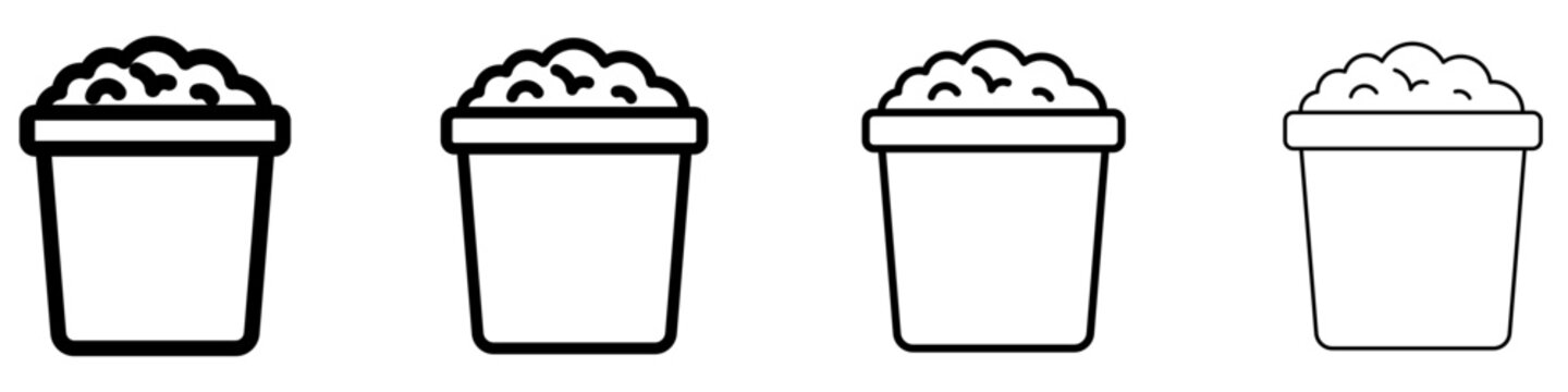A set of trash can line icons filled with waste, featured in four different stroke weights. Vector symbols for garbage, cleaning, or waste management.