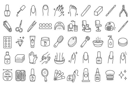 Nail care icon set with tools cosmetics and salon equipment.