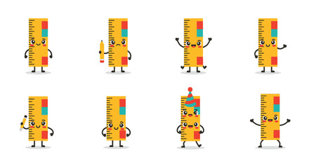 Fototapeta premium Cute Ruler Characters Set: School Supplies, Education, Fun and Playful