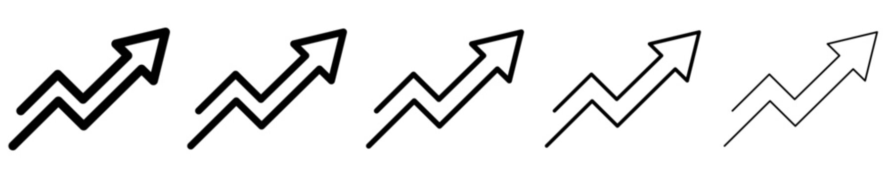A set of upward zigzag arrow line icons featured in five different stroke weights. Vector illustration.