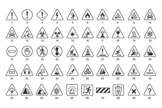 Set of 48 triangular hazard warning signs with symbols.