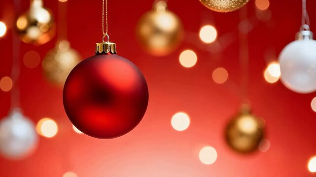 Hanging Christmas ornaments on red background