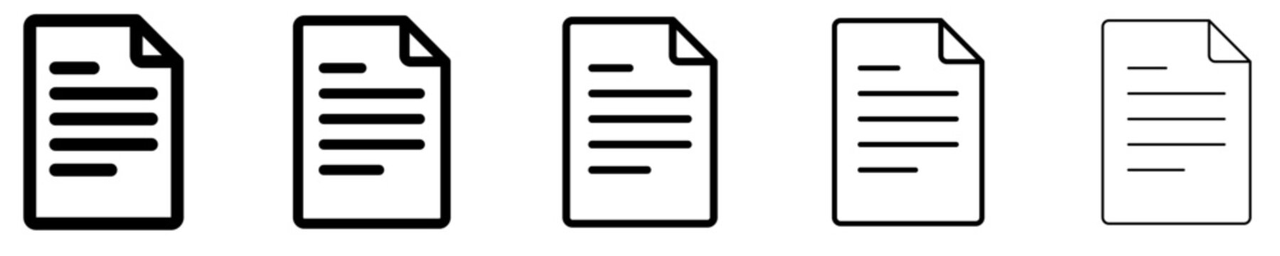 A set of document line icons with text and a folded corner, featured in five different stroke weights. Vector illustration for office work and document management.