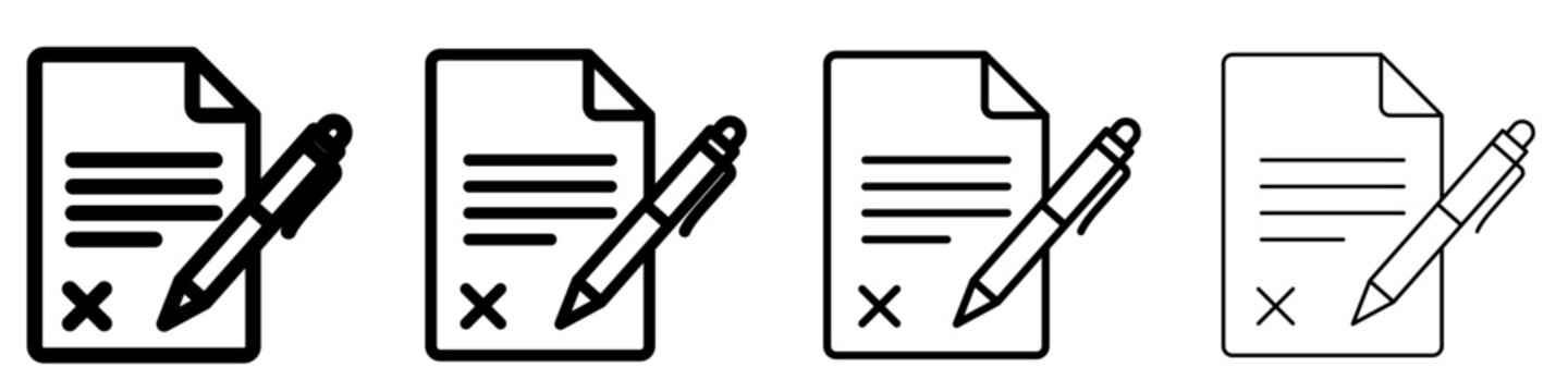 A set of document signing line icons featuring a sheet of paper with text, a signature mark, and a pen, shown in four different stroke weights. Vector illustration for legal and business processes.