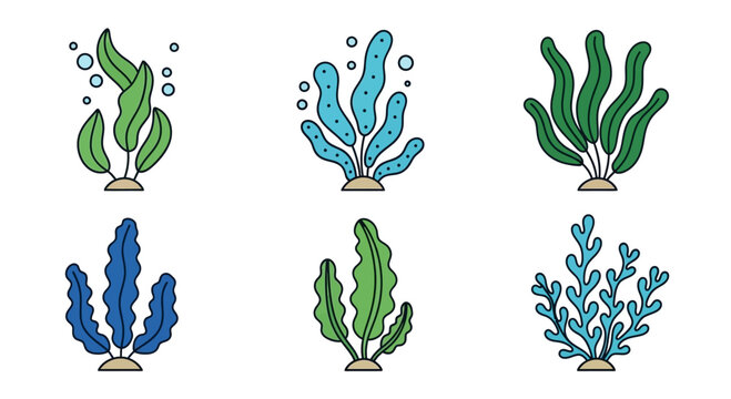 Set of colorful cartoon underwater plants, seaweeds and corals isolated on white background