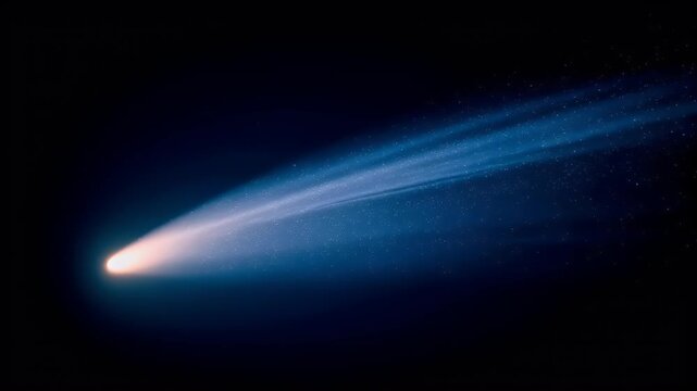 Space universe exploration, fantasy, mysterious. A digital artwork depicts a celestial scene. A bright, elongated comet is the main subject.