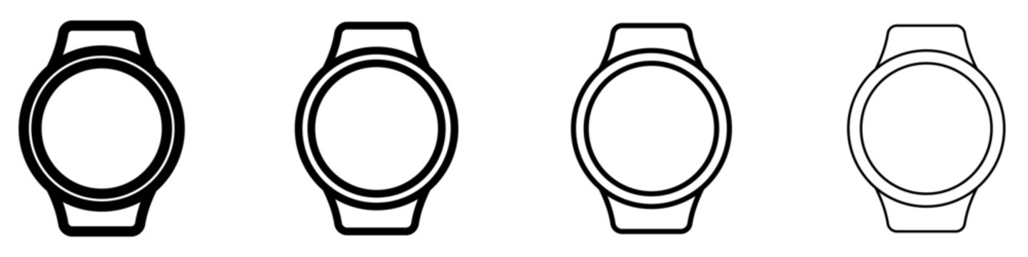 A set of smart watch line icons with a round display and a bracelet, featured in four different stroke weights. Vector illustration of a modern gadget for activity and time tracking.