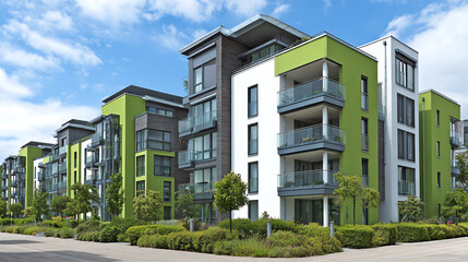 Fototapeta premium Modern apartment complex showcasing vibrant green accents and contemporary design under a bright blue sky.