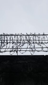 Barbed wire fence rows silhouetted against white overcast sky on concrete wall security barrier boundary prison concept