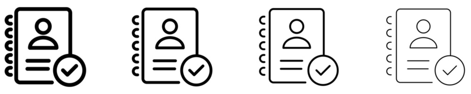 A set of notebook line icons with a user avatar and a confirmation check mark. Vector illustration for verified contacts, registration, and personal data management themes.