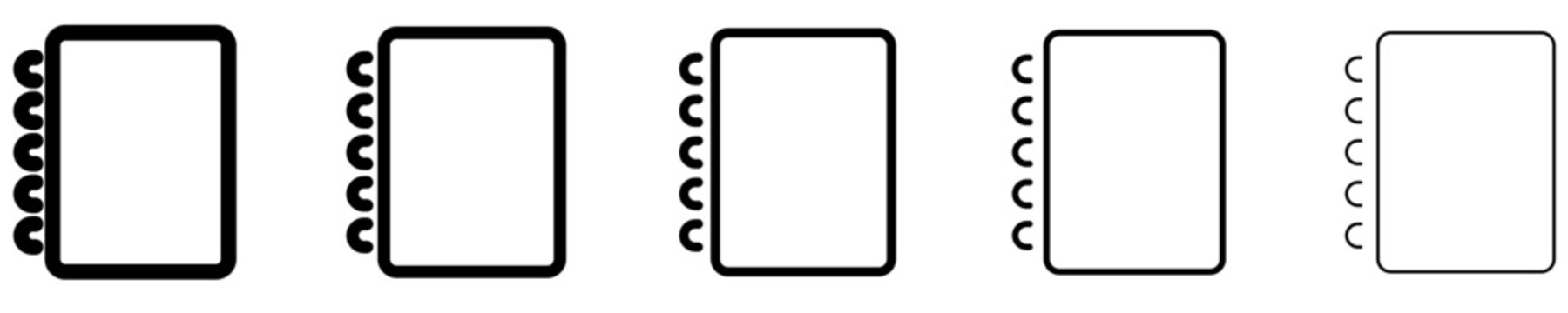 A set of spiral notebook line icons with a blank page featured in five different stroke weights. Vector illustration for notes, education, and stationery themes.