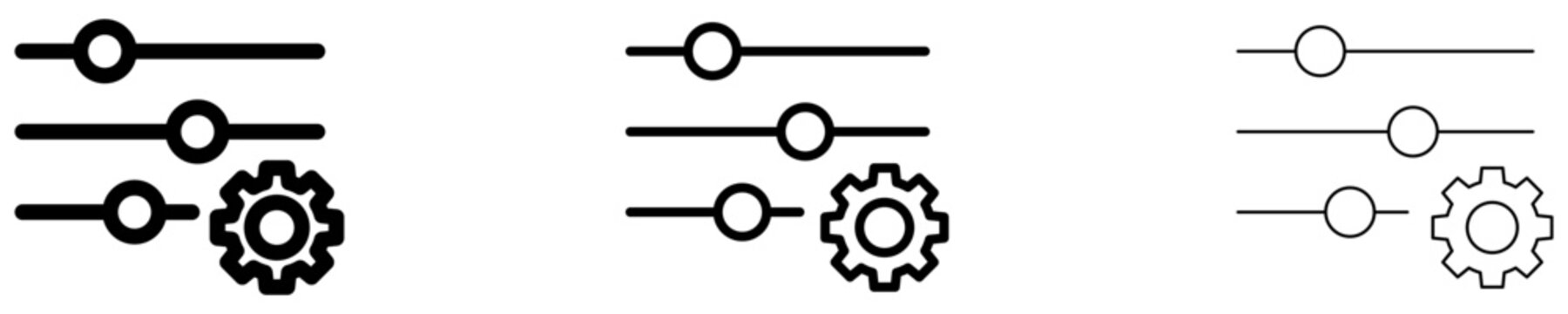 A set of settings line icons featuring adjustment sliders and a gear, presented in three different stroke weights. Vector illustration for user interface and control panel.