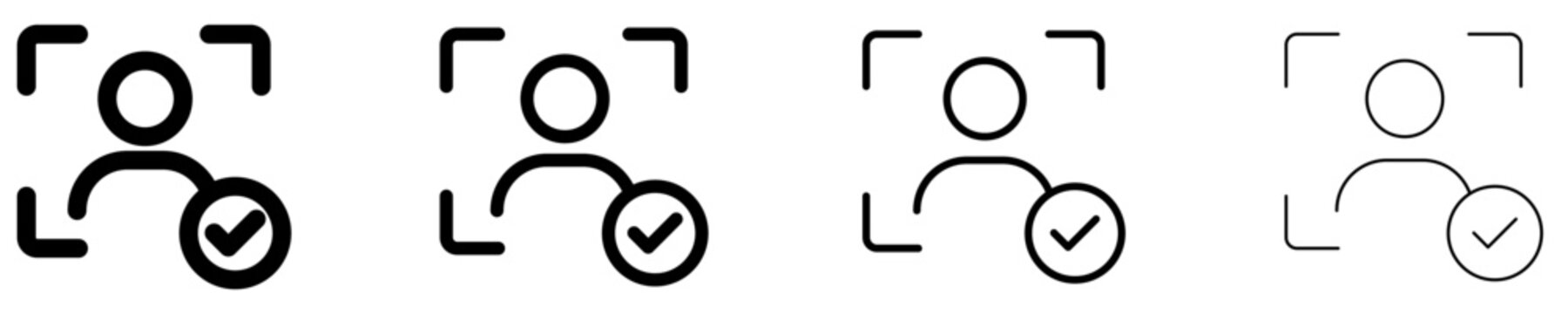 A set of user avatar recognition line icons in a focus frame with a confirmation check mark featured in four different stroke weights. Vector illustration for profile verification and secure access sy