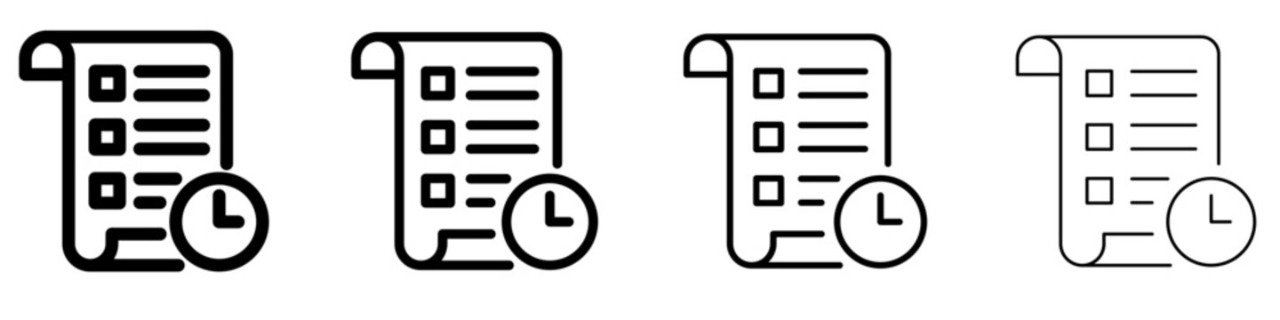 A set of to-do list or schedule line icons with a clock featured in four different stroke weights. Vector illustration for time management, planning, and task history themes.