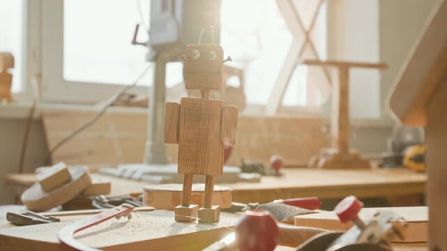 Close-up view of small handcrafted wooden robot figurine on cluttered workbench in workshop filled with woodworking tools and sawdust