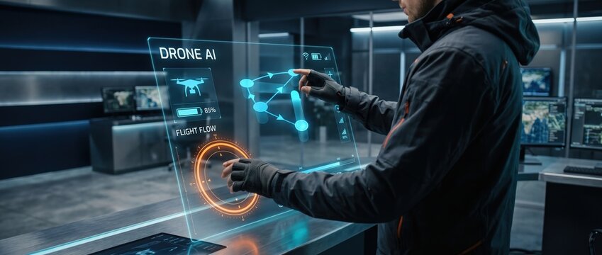 Man in dark jacket interacts with glowing holographic drone flight path interface in modern control room