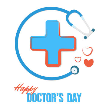 Happy Doctor's Day greeting card design with medical cross and stethoscope. Vector illustration, isolated on white.