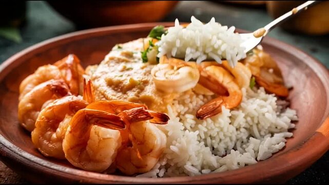 Traditional Northeastern Brazilian Vatap&aacute; Creamy Texture Served With White Rice And Shrimp Authentic Brazilian Dish Vibrant Colors Professional Food Photography Ultra Detailed