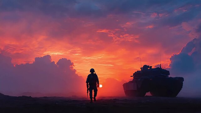 Dramatic silhouette of a soldier walking toward a tank against a fiery sunset sky, evoking determination and military strength for themes of defense o