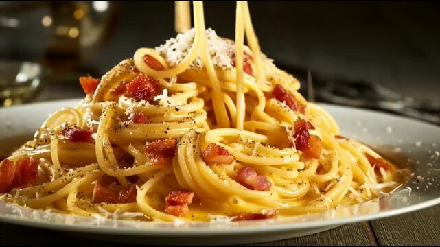Traditional Italian Spaghetti Carbonara With Creamy Sauce Crispy Pancetta Parmesan Cheese And Black Pepper Plated Elegantly Realistic Food Photography Rich Texture Natural Lighting