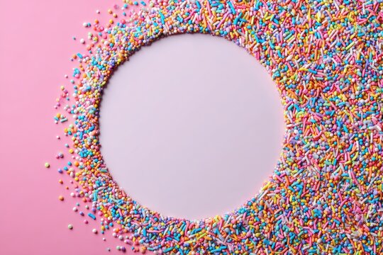 Pink field scattered with rainbow sprinkles creating a circle, flatlay composition