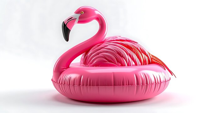Isolated pink inflatable flamingo pool float on a white background, a symbol of summer vacation and poolside relaxation