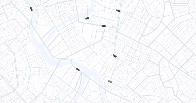 Glowing digital city map interface showing moving navigation routes and traffic data