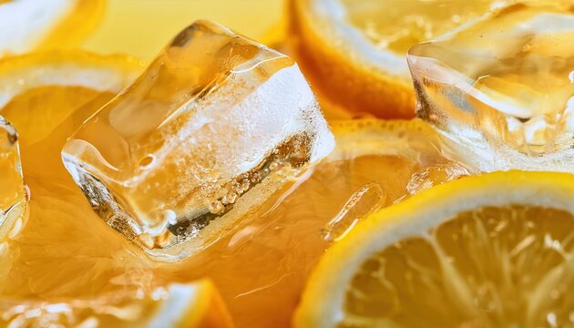 Closeup view of natural lemon juice served with ice cubes and fresh lemon slices in a refreshing setting