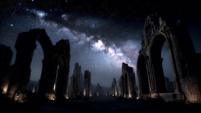 Space universe exploration, fantasy, mysterious. A vivid portrayal of a desolate, ancient cityscape under a starry night sky. The main subject is a series of towering, arched stone structures.