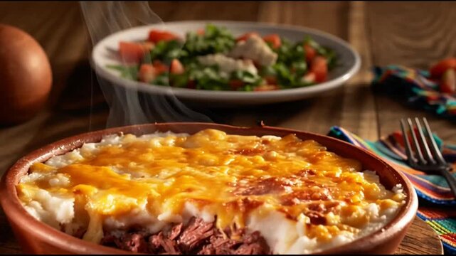 Brazilian Escondidinho With Shredded Dried Beef Creamy Mashed Cassava Topping Melted Cheese Crust Served Hot Realistic Food Photography Rich Texture High Resolution